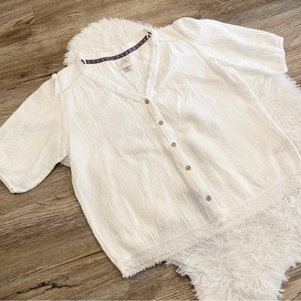 Knox Rose White Gauze Button Front Top Natural Fiber Cotton Cottage Soft Girl